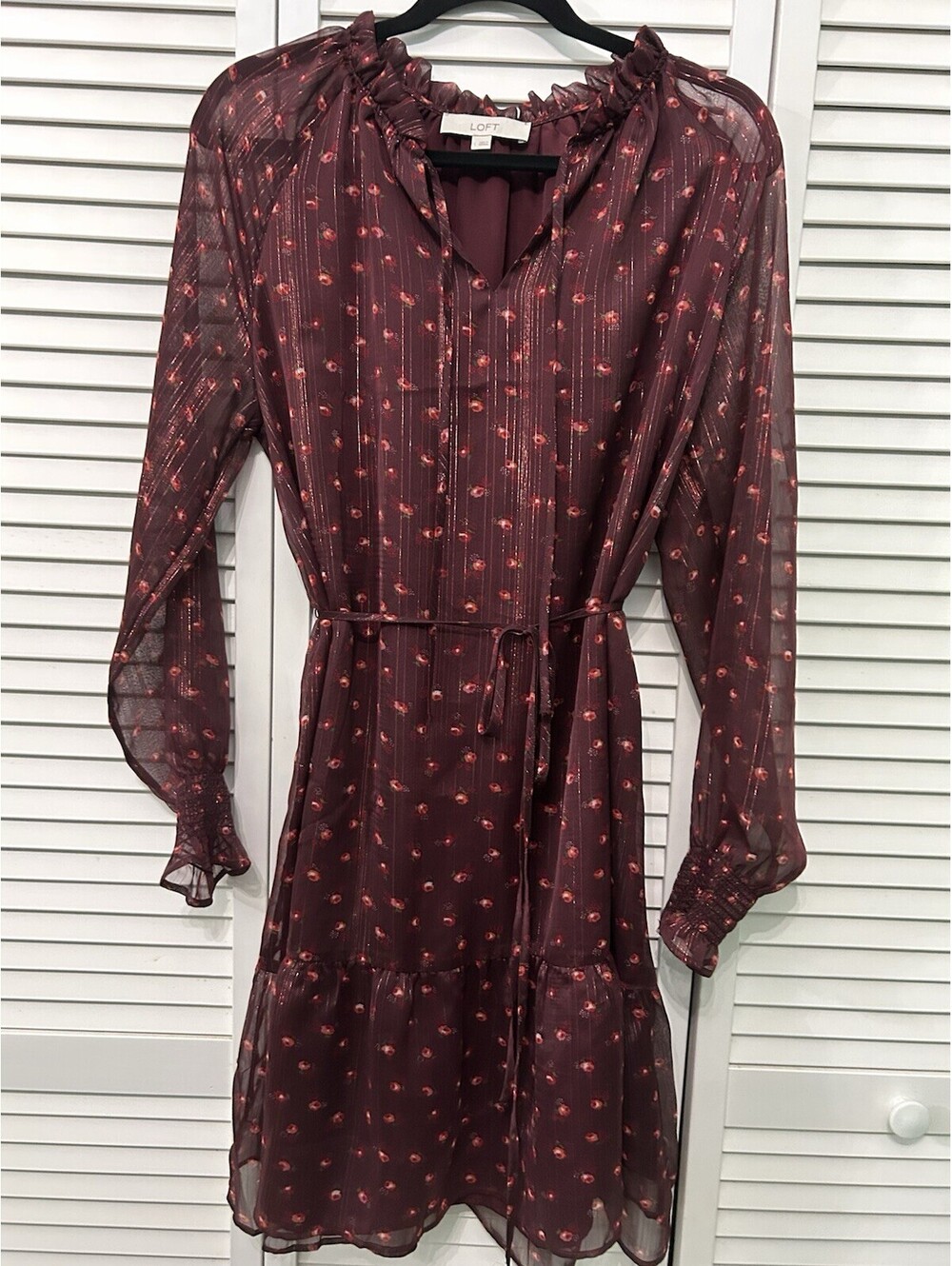 Loft Size Large L Womans Burgundy Dress Elastic Waist Sheer Overlay #32